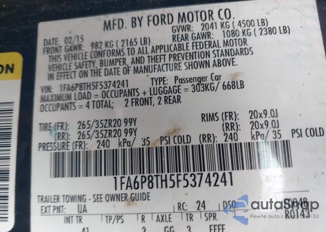 2015 Ford Mustang Ecoboost z USA, uszkodzony, nr VIN 1FA6P8TH5F5374241